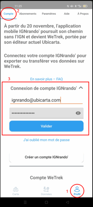 Connexion au compte IGNrando'