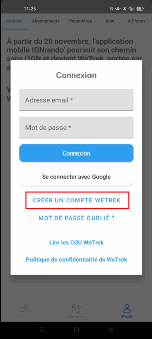 Créer un compte WeTrek